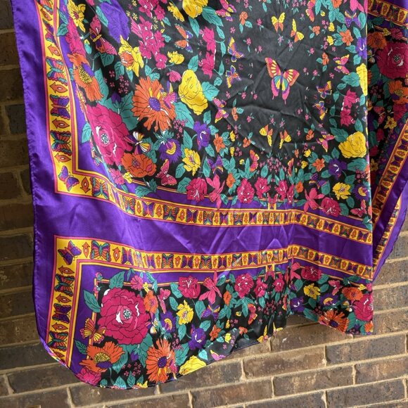 VTG Winlar Satin Floral Butterfly Pink Purple Kaftan Maxi Dress Womens OSFM - Picture 12 of 13